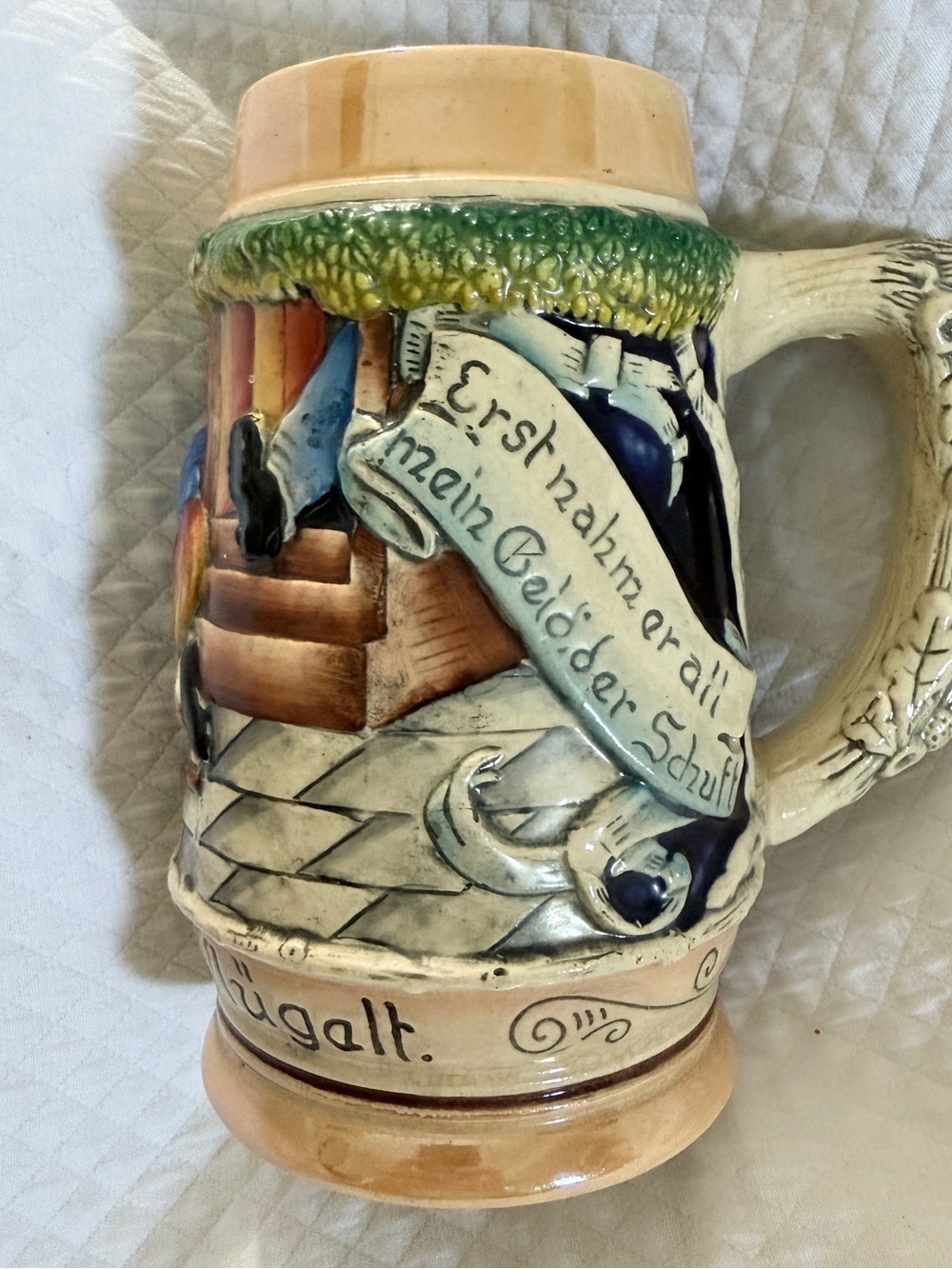 Hand-Painted Ceramic Beer Stein in Blue, Green and Tan